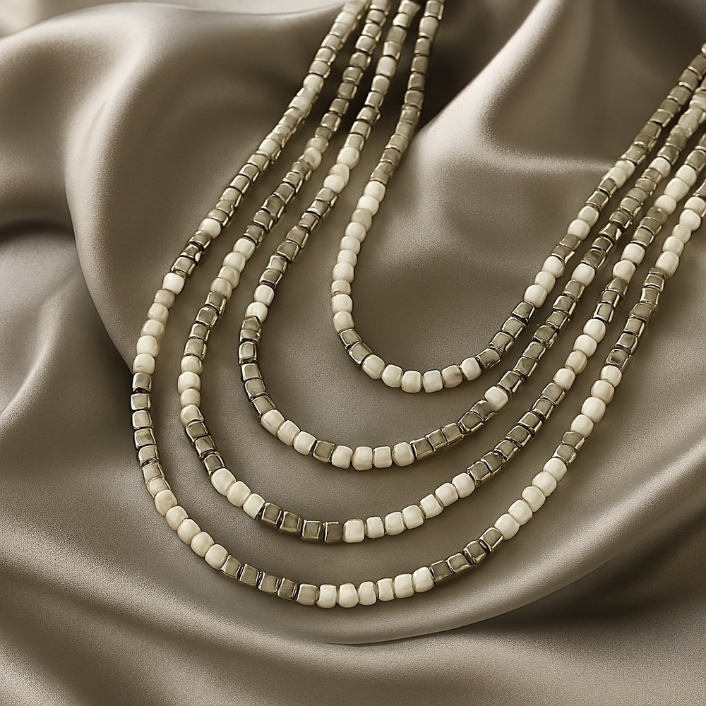Elegant Layered Silver & White Bead Necklace – 32" Statement Fashion Jewelry